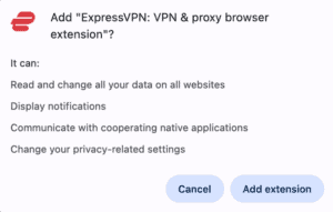 Chrome popup asking to add the ExpressVPN extension, with a list of permissions including reading website data, displaying notifications, and changing privacy settings.