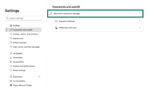 Microsoft Edge browser with Microsoft password manager highlighted.