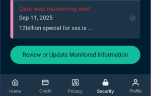 The Identity Defender dark web monitoring alerts page, displaying the Review or Update Monitored Information button.
