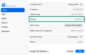The Router field highlighted in the TCP/IP Wi-Fi settings on macOS.