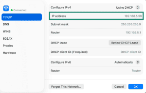 The TCP/IP tab on macOS, showing the IP address field highlighted.