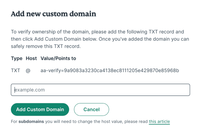 The "Add New Custom Domain" window on ExpressMailGuard showing a sample DNS TXT record