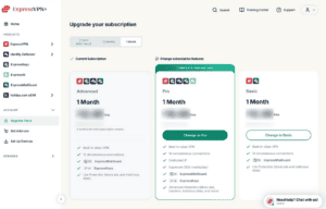 ExpressVPN+ dashboard showing Upgrade Plans option.