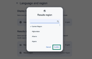 Google Search Results region menu with the region list open and the Confirm button highlighted.