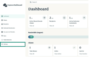 The MailGuard dashboard, highlighting the Settings option in the bottom left.