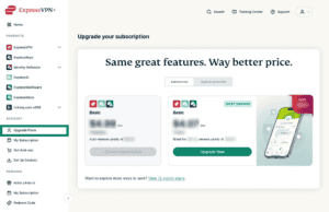 The "Upgrade Plans" tab in the ExpressVPN+ portal.