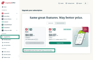 The "Upgrade Plans" tab and the "View 12-month plans" option highlighted in the ExpressVPN+ portal.