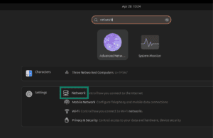 Search results for “network" on Linux, with the "Network" option under "Settings" highlighted.