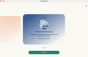 ExpressKeys onboarding screen describing password protection features, with the Get Started button.