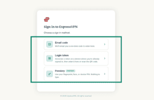 ExpressVPN sign-in method selection menu displaying Email code, Login token, and Passkey options highlighted in a green box.