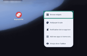 Googlebook desktop contextual context menu popup, with the "Browse widgets" menu option highlighted in a green box.