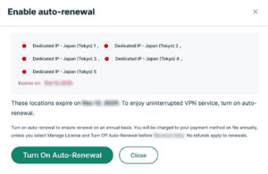 ExpressVPN for Teams showing auto renewal settings for dedicated IP.