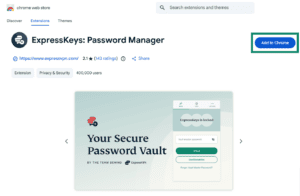 The Chrome web store, displaying the ExpressKeys extension, highlighting the add to Chrome option.