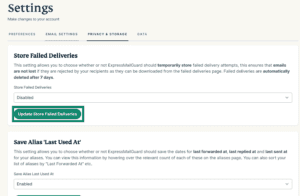 The MailGuard settings options, highlighting the Update Store Failed Deliveries button.