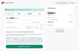 The ExpressVPN checkout page, showing the fields to enter payment information and subscribe.