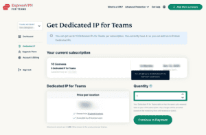 ExpressVPN for Teams dashboard showing quantity of dedicated IP highlighted.