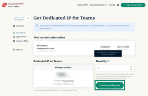 ExpressVPN for Teams dashboard showing continue to payment button highlighted for dedicated IP.