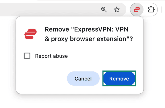 Chrome confirmation dialog for removing the ExpressVPN browser extension, with Remove highlighted.