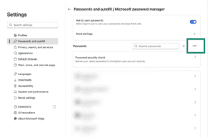 Microsoft Edge passwords and autofill settings.