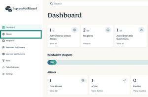 The MailGuard dashboard, highlighting the Aliases tab.