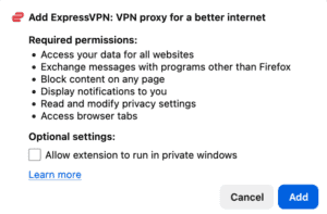 Firefox popup asking to add the ExpressVPN extension, showing required permissions like accessing website data, browser tabs, notifications, and privacy settings.
