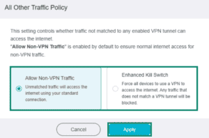 GL.iNet Fortify router, showing the global kill switch settings page. The Kill switch settings and "Apply" button are highlighted.