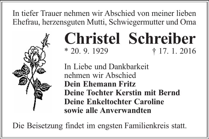 Traueranzeige Christel Schreiber