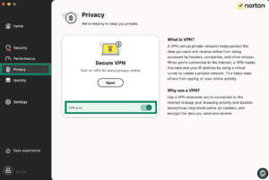 Norton 360's Privacy tab, with a highlighted "VPN is on" option.