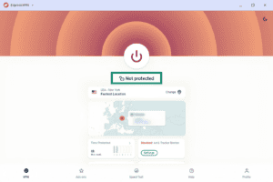 ExpressVPN interface showing disconnected status with USA - New York selected as location, with the "Not protected" status panel highlighted in a green box.