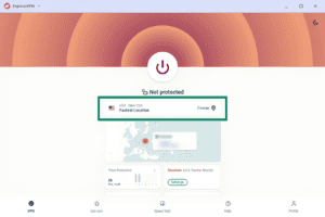 ExpressVPN main dashboard showing disconnected status, with the selected location panel for USA - New York highlighted in a green box.