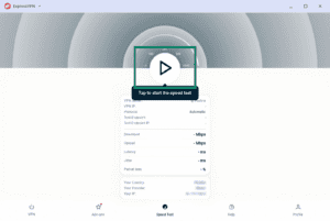 ExpressVPN Speed Test screen before running a test, with the central play button and "Tap to start the speed test" prompt highlighted in a green box.