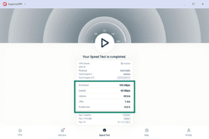 ExpressVPN Speed Test screen showing completed test results, with download speed, upload speed, latency, jitter, and packet loss highlighted in a green box.