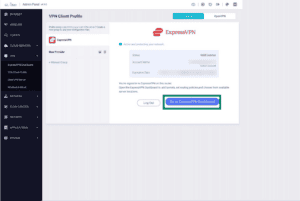 Fortify VPN Client Profile showing ExpressVPN is active, with the Go to ExpressVPN Dashboard button highlighted.