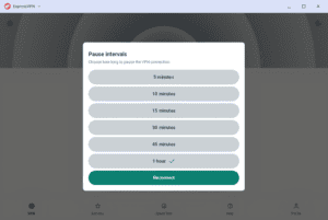 ExpressVPN "Pause intervals" modal menu showing 1 hour selected with a checkmark, with the green "Reconnect" button highlighted at the bottom.