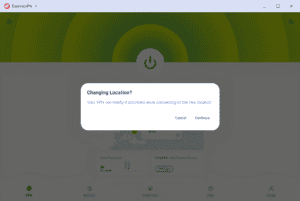 ExpressVPN "Changing Location?" dialog prompt displaying disconnection warning with Cancel and Continue options.