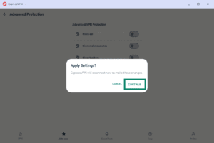 ExpressVPN "Apply Settings?" reconnect confirmation modal, with the "CONTINUE" button highlighted in a green box.