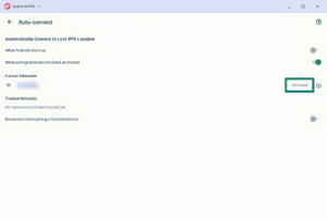 ExpressVPN Auto-connect settings page, with the "Untrusted" status tag next to the current Wi-Fi network highlighted in a green box.