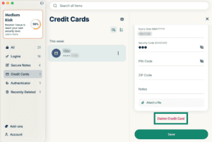 ExpressKeys macOS app interface, showing a saved credit card. The "Delete Credit Card" text is highlighted.