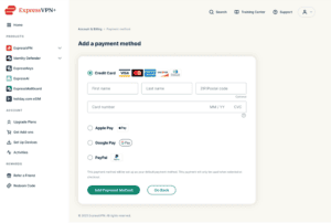 Add a payment method form in the ExpressVPN+ portal with credit card, Apple Pay, Google Pay, and PayPal options.
