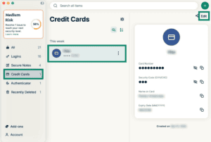 ExpressKeys macOS app interface, showing the credit cards page. The "Credit Cards" tab, a saved card, and the "Edit" button are highlighted.