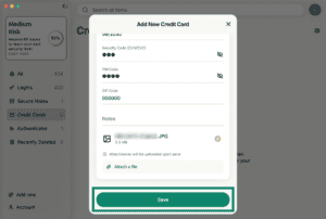 ExpressKeys macOS app interface, showing the page for adding a credit card. The "Save" button is highlighted.