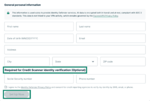 Identity Defender form for the credit scanner service.