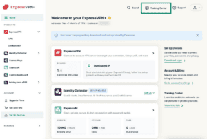 ExpressVPN+ dashboard showing Training Center highlighted in the top navigation.