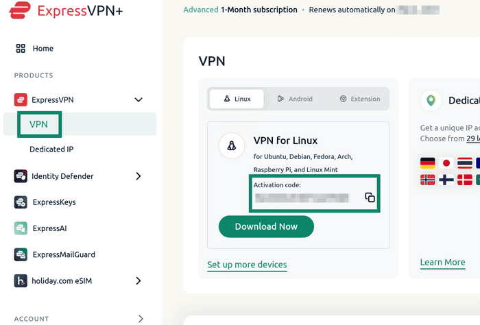 ExpressVPN dashboard showing the Activation Code highlighted.