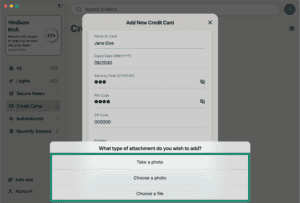 ExpressKeys macOS app interface, showing the page for adding a credit card. Several file upload options are highlighted.