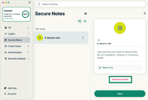 ExpressKeys macOS app showing a secure note in edit mode with Delete Secure Note highlighted.