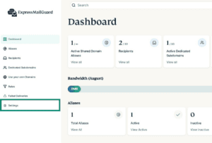 The MailGuard dashboard, emphasizing the Settings tab at the bottom left.