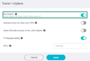 GL.iNet Fortify router, showing the VPN tunnel settings page. The "Kill Switch" setting is highlighted.