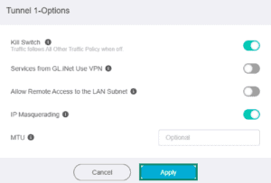 GL.iNet Fortify router, showing the VPN tunnel settings page. The "Apply" button is highlighted.