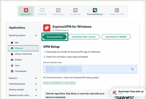 WIndows setup page on ExpressVPN+ portal with Download Now button highlighted.